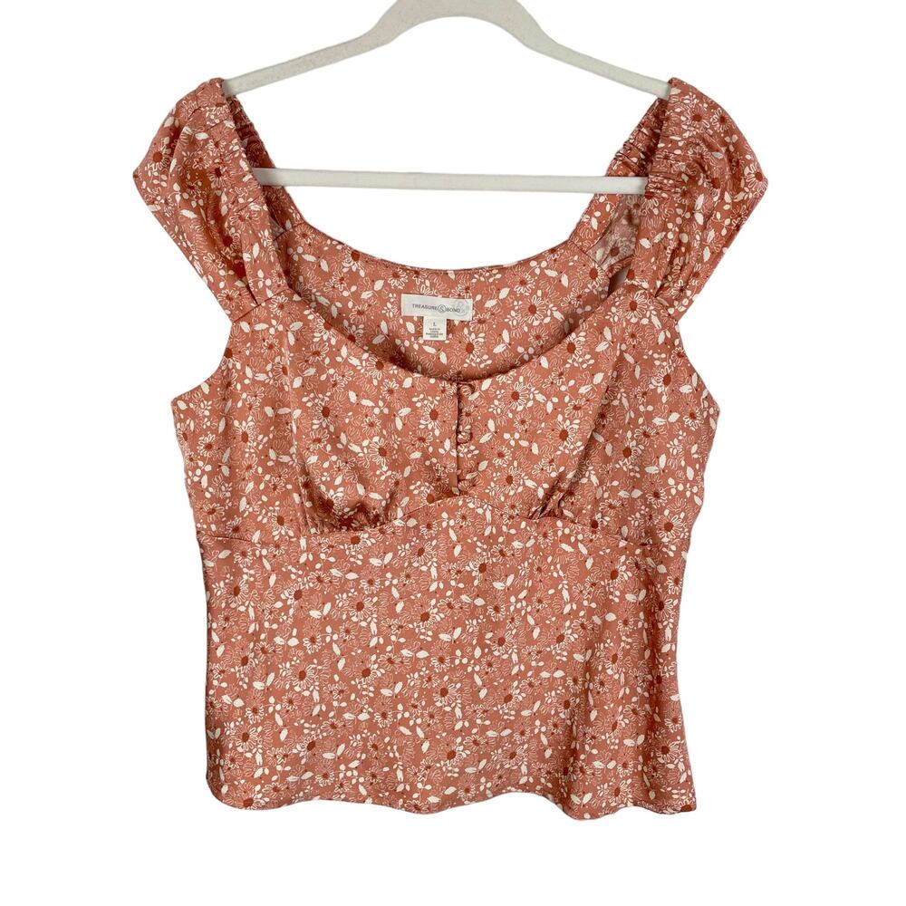 Treasure & Bond Cap Sleeve Satin Top in Pink Louis Floral Size L